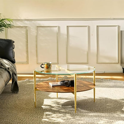 Saint Mossi BLEVIO Glass Round Coffee Table, Middle-Century Modern Style, Perfect for Living Room, Clear Glass Top & Walnut Brown MDF Wood Top, with Gold Finish Legs & Frame