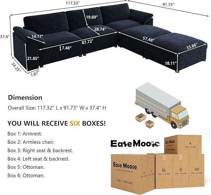 EASE MOOSE Blue Modular Sectional Couch,Oversized Deep Seat L Shape Sectional Couch,Comfty Chenille Modular Sofa for Living Room, Removable Cover