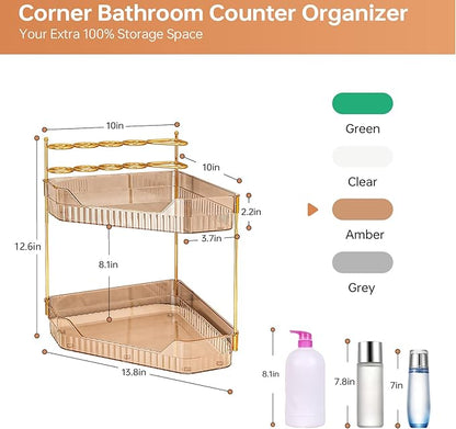Corner Bathroom Counter Organizer with Makeup Brush Holder & Toothbrush Holders, Makeup Organizer for Vanity Countertop, Acrylic Skincare Storage Shelf (Amber, 2-Tier)