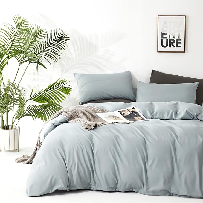 Pureant Haze Blue Comforter Sets Full Solid Light Dusty Blue Bedding Comforters Cotton Women Men Plain Light Blue Bed Quilts Modern Light Greyish Blue Blankets Comforters Soft Health Lake Blue Bed