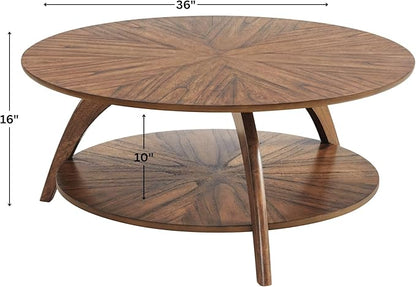 Martin Svensson Home Round Wood Retro Mid-Century Modern Round Wood Coffee Table with Lower Shelf, Cocktail Table for Living Room or Den. Nutmeg Brown.