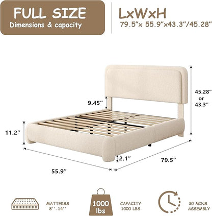 Full Size Boucle Bed Frame, Cloud Upholstered Platform Bed with Height Adjustable Headboard & Soft Rounded Corners, No Box Spring Needed, Noise Free, Easy Assembly, Beige
