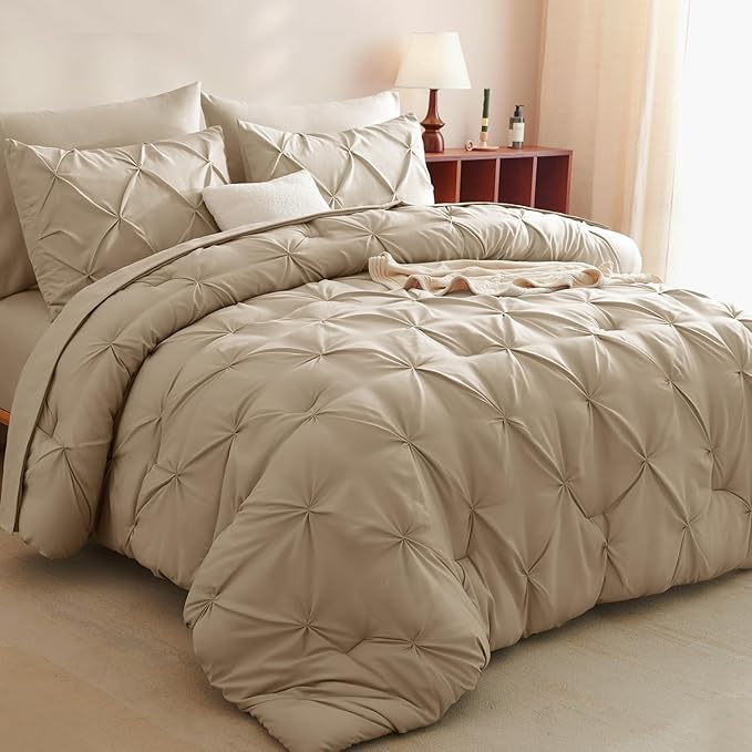 CozyLux Full Size Comforter Sets Taupe, 7 Pieces Pintuck Bed in A Bag Taupe Comforter Full Size, Pinch Pleat Bedding Sets with All Season Comforter, Sheets, Pillowcases & Shams