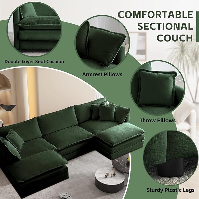 SoarFlash Chenille Sectional Sofa, Comfy L Shaped Modular Coush Sofa with Ottoman, Modern 3 Seat Couch Deep Seat Sofa Set for Living Room,Green