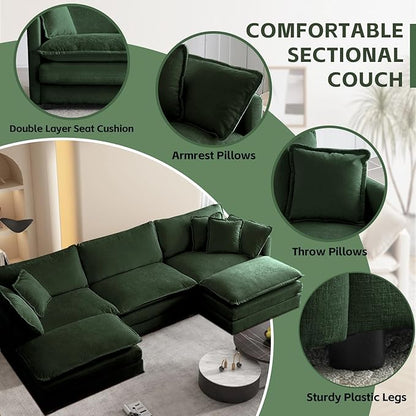 SoarFlash Chenille Sectional Sofa, Comfy L Shaped Modular Coush Sofa with Ottoman, Modern 3 Seat Couch Deep Seat Sofa Set for Living Room,Green