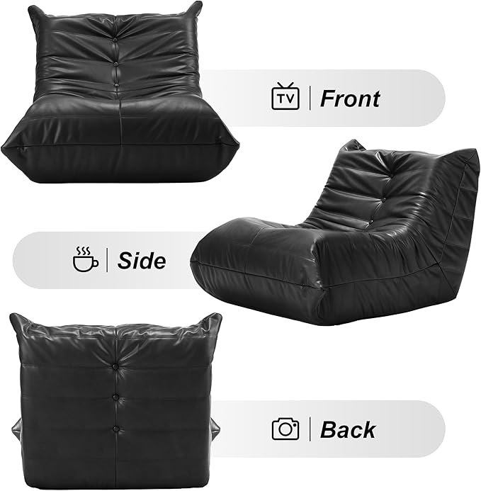 Hobestluk Giant Bean Bag Chair Lazy Floor Sofa, Fireside Sofa for Adults, Big Beanbag Faux Leather Armless Chair for Living Room Bedroom Dorm Office (Black, Single)