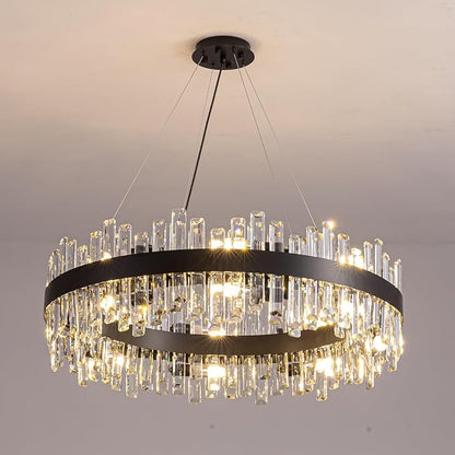 Siljoy Modern Crystal Chandelier Farmhouse Black Round 2-Tiers K9 Crystal Raindrop Chandelier Adjustable Flush Mount Crystal Ceiling Light for Dining Living Room Entryway Foyer E12x20, D39.4''