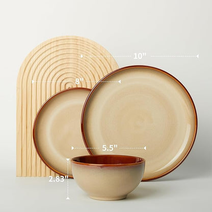 Stoneware Dinnerware Sets, Ceramic Plates and Bowls Set, Microwave & Dishwasher Safe Kitchen Dish Set, Modern Dinner Salad Plates | Cereal Bowls for 4, Dishware Sets Brown Yellow