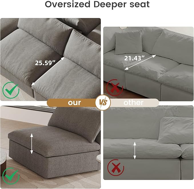 Cloud Couch Modular Sectional Sofa for LivingRoom, 80.3" Down Filled L Shaped Couch, 2 Seater+ 1 Storage Ottoman Convertible Funiture for Apartment(Grey, LoveSeat+1 Ottoman)