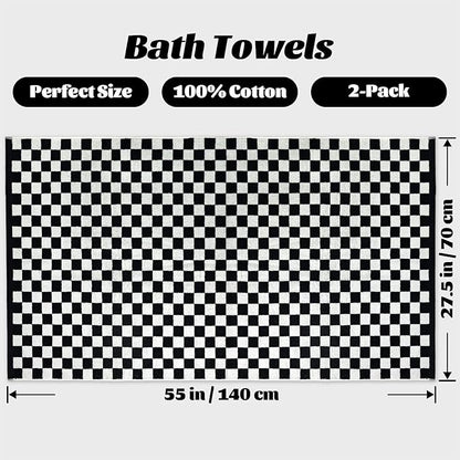 Jacquotha Bath Towels 100% Cotton Soft Absorbent Quick Dry Set of 2 Towels for Bathroom, Black & White Checkered