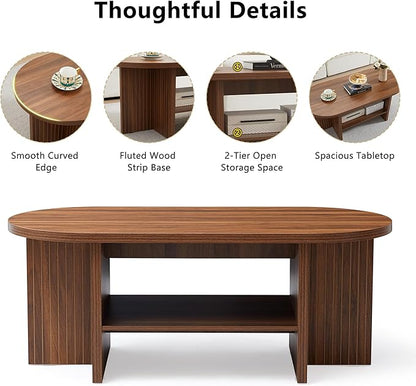 43.3” Coffee Table with Storage, Oval Coffee Tables for Living Room, Farmhouse Fluted Coffee Table with Large Storage Shelf, Wood Center Table for Small Space, Walnut