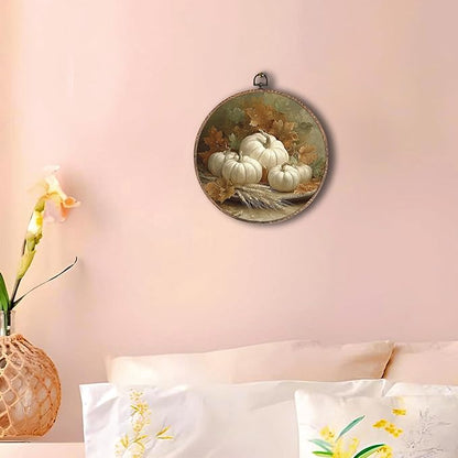 Hxlac Vintage Fall Pumpkin Maple Leaves Round Wall Art Framed, Vintage Autumn Pumpkin Round Wall Decor, Fall Halloween Hanging Canvas Prints Wall Sculptures for Farmhouse Home Decor, 10x10 Inch