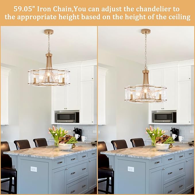 5-Light Gold Glass Chandelier for Dining Room, Modern Textured Glass Light Fixture Gold Chandeliers, Drum Round Chandelier for Kitchen Island Living Room Foyer Bedroom, E12