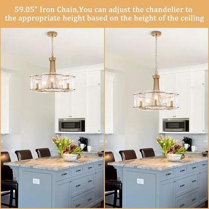 5-Light Gold Glass Chandelier for Dining Room, Modern Textured Glass Light Fixture Gold Chandeliers, Drum Round Chandelier for Kitchen Island Living Room Foyer Bedroom, E12