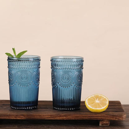 Vintage Glassware Drinking Glasses Set of 4-13 oz Blue Highball Glasses Water Tumbler, Embossed Glassware Cups for Juice, Beer, Cocktail, Whiskey, Various Mixed Drinks