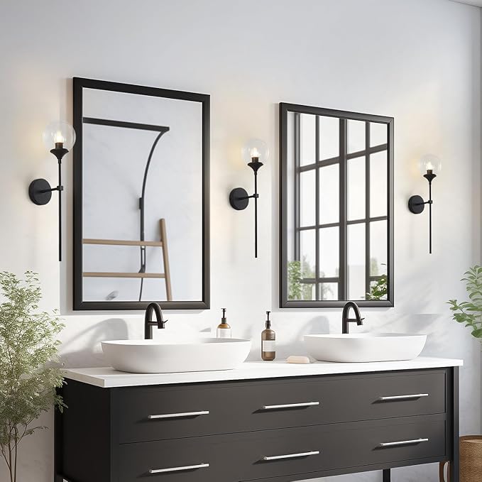 KCO Lighting Mid Century Black Wall Mounted Sconce Round Clear Glass Globe Wall Lamp Minimalist Slim Wall Sconce Light for Hallway Stairs Bathroom Mirror