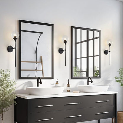 KCO Lighting Mid Century Black Wall Mounted Sconce Round Clear Glass Globe Wall Lamp Minimalist Slim Wall Sconce Light for Hallway Stairs Bathroom Mirror