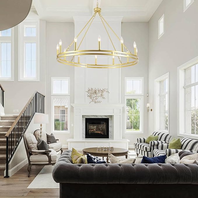 12-Light Wagon Wheel Chandelier 38 inch Large Gold Chandeliers for High Ceilings Round Farmhouse Gold Light Fixtures Over Table Rustic Hanging Light for Dining Room,Foyer,Living Room,Outdoor