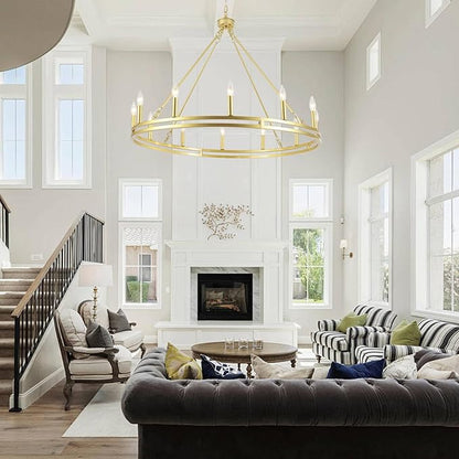 12-Light Wagon Wheel Chandelier 38 inch Large Gold Chandeliers for High Ceilings Round Farmhouse Gold Light Fixtures Over Table Rustic Hanging Light for Dining Room,Foyer,Living Room,Outdoor