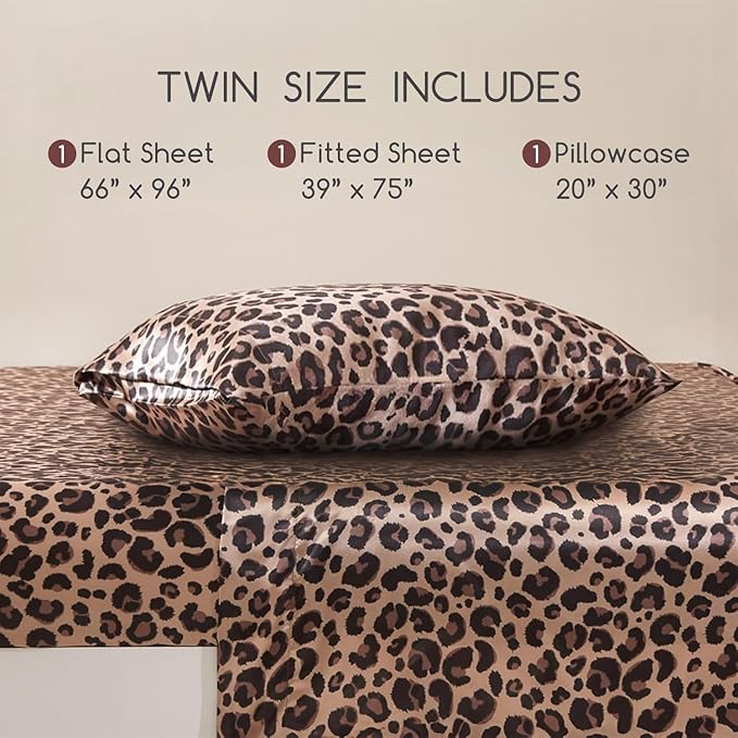 MR&HM Satin Bed Sheets, Twin Size Sheets Set, 3 Pcs Silky Bedding Set with 15 Inches Deep Pocket for Mattress (Twin, Brown Leopard)