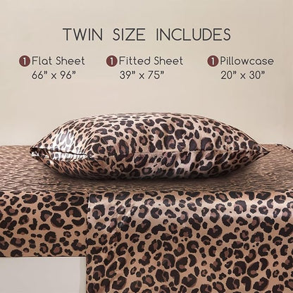 MR&HM Satin Bed Sheets, Twin Size Sheets Set, 3 Pcs Silky Bedding Set with 15 Inches Deep Pocket for Mattress (Twin, Brown Leopard)