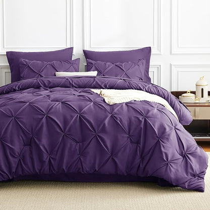 CozyLux King Size Comforter Set Purple, 7 Pieces Pintuck Bed in A Bag Purple Comforter King Size, Pinch Pleat Bedding Set with All Season Comforter, Sheets, Pillowcases & Shams
