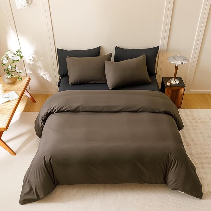 CLOTHKNOW Chestnut Brown Queen Comforter Set 3Pcs Brown Bedding Comforter Sets Dark Brown Queen Comforter Soft Mocha Coffee Comforter