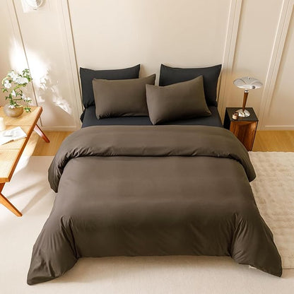 CLOTHKNOW Chestnut Brown Queen Comforter Set 3Pcs Brown Bedding Comforter Sets Dark Brown Queen Comforter Soft Mocha Coffee Comforter