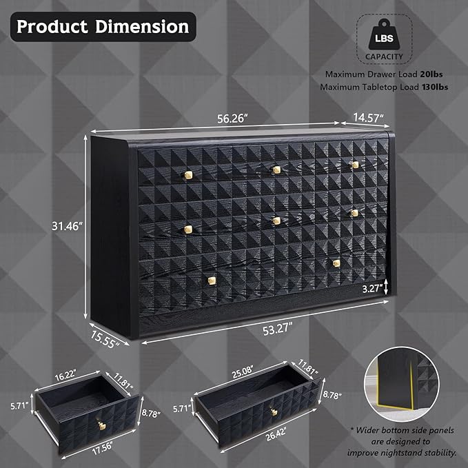 Modern 8 Drawer Dresser for Bedroom, Wooden Large Dressers &Chests of Drawers w/Two Different Drawer Sizes, Mid Century Modern Dresser w/Diamond Panel Decorate for Bedroom, Curved Profile Design,Black
