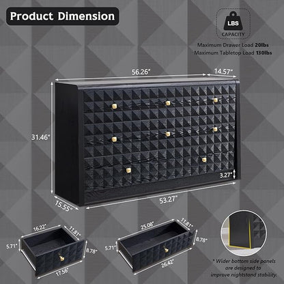 Modern 8 Drawer Dresser for Bedroom, Wooden Large Dressers &Chests of Drawers w/Two Different Drawer Sizes, Mid Century Modern Dresser w/Diamond Panel Decorate for Bedroom, Curved Profile Design,Black