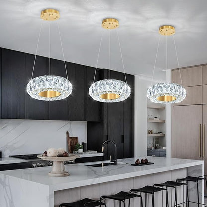 8" Ring Modern LED Dimmable Crystal Chandelier Adjustable Height Pendant Light Round Crystal Chandelier Light Fixtures for Dining Room Living Room Kitchen Island Gold