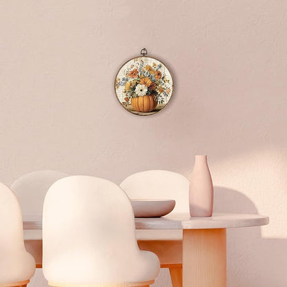 Hxlac Vintage Fall Pumpkin Floral Round Wall Art Framed, Farmhouse Fall Round Wall Decor, Vintage Flower Halloween Pumpkin Hanging Canvas Prints Wall Sculptures for Home Room Decor, 10x10 Inch