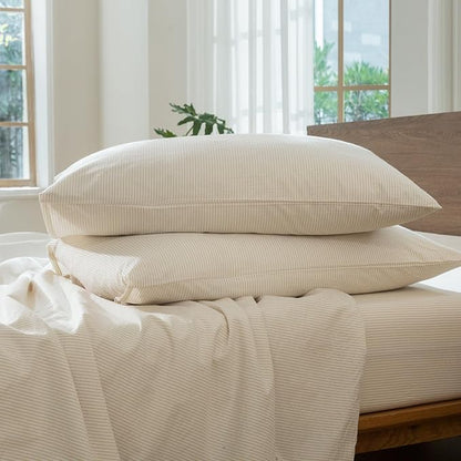 MooMee Striped Duvet Cover Set 100% Washed Cotton Linen Like Textured Breathable Durable Soft Comfy (Almond Milk Grey Pinstripes, Super Queen 90"x98")