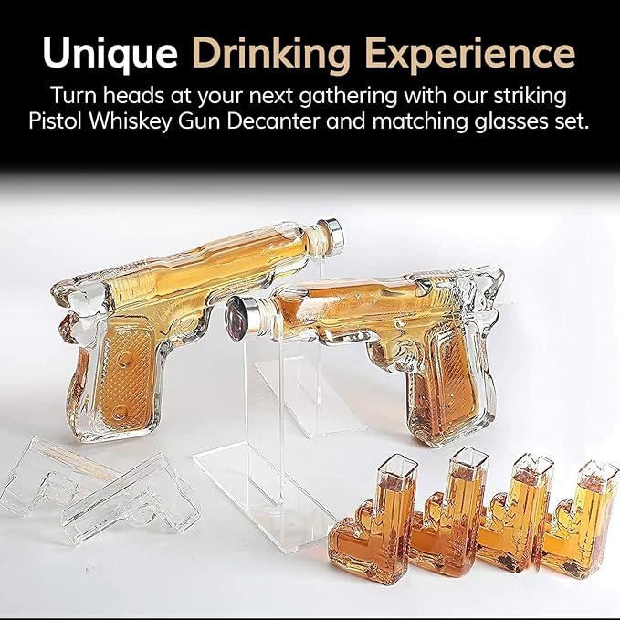 Pistol Whiskey Decanter Set & 6 Pistol Glasses - Unique Whiskey Set for Home Bar, Bourbon Gifts for Men, Birthday Gift for Dad, Liquor Dispenser, Personalized Gifts for Men - Carrying Case Included