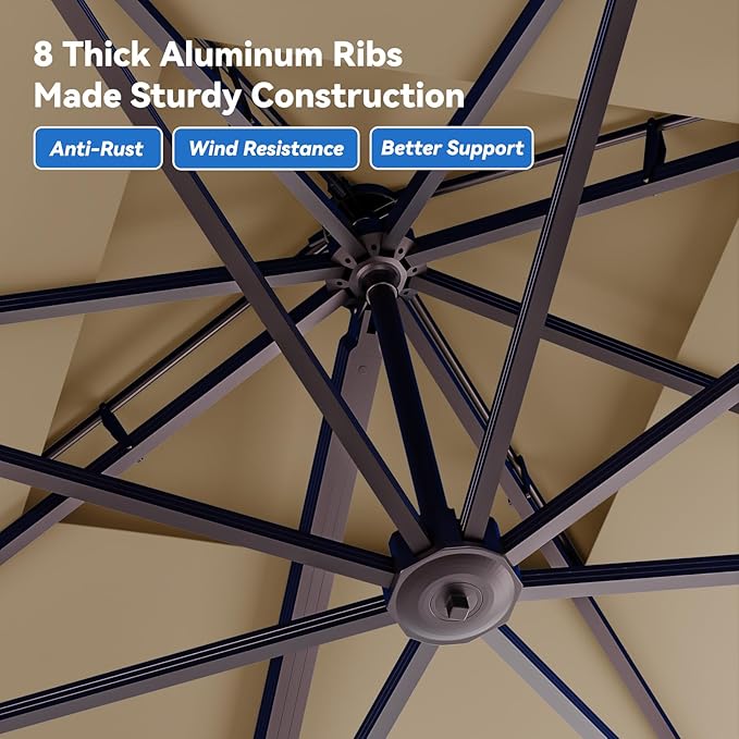 10x13FT Cantilever Outdoor Patio Umbrellas, Double Top Large Rectangle Umbrella, Heavy Duty 360° Rotation Offset Outdoor Sun Shade Umbrella for Garden Deck Pool Backyard Patio, Beige Brown