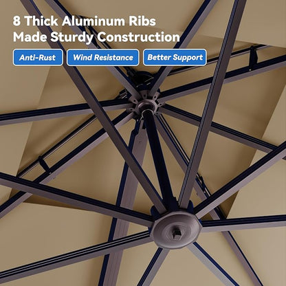 10x13FT Cantilever Outdoor Patio Umbrellas, Double Top Large Rectangle Umbrella, Heavy Duty 360° Rotation Offset Outdoor Sun Shade Umbrella for Garden Deck Pool Backyard Patio, Beige Brown