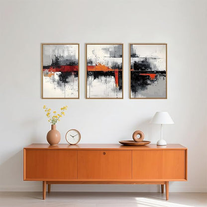 HOURIA Modern Abstract Framed Canvas Wall Art Set,Neutral Black and Orange Wall Decor,Textured Gray White Wall Painting,Pastel Strokes Art Prints for Living Room, Bedroom, Farmhouse-16 x24 x3