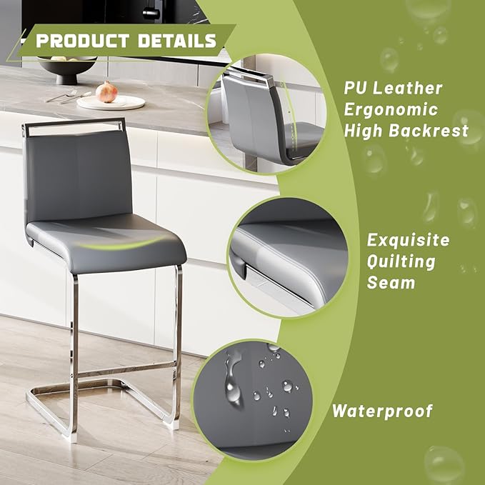 Bar Stools Set of 4,25" Counter Height Bar Stools with Footrest,Grey Faux Leather Kitchen Stools with Chrome Plated Metal Leg,Counter Height Stool Ideal for Island Pub Kitchen Counter Dining Chair