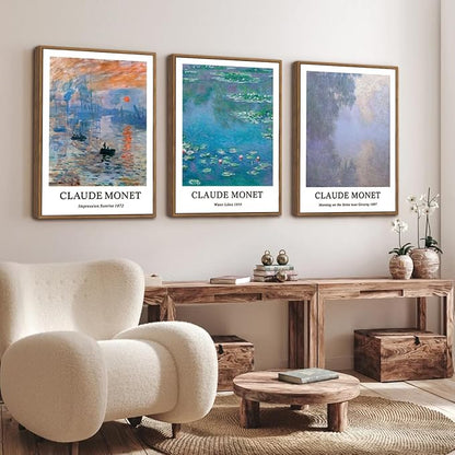 ILLBDR Claude Monet Water Lilies Framed Wall Art Vintage Aesthetic Canvas Wall Art Set of 3 Impressionist Botanical Prints Artwork Minimalist Classic Pictures Decor for Bedroom Living Room 16x24 Inch