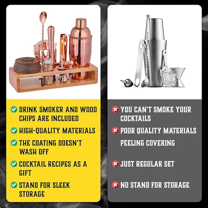 Bartender Kit with Whiskey Smoker - 13 pcs, Bamboo Stand - Bar Set with Cocktail Shaker, Bartending Kit with Essential Bar Accessory Tools, Wood Chips, Pink Gold