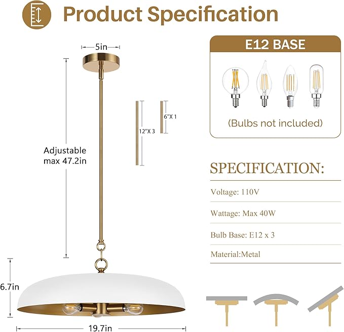 LamQee 20 Inch Oversized Large Pendant Lights, 3-Lights White and Gold Dome Chandelier, Mid Century Modern Metal Pendant Lighting Fixture Ceiling Hanging for Kitchen Island Dining Room Over Table Bar