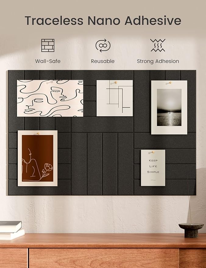 Bumusty Large Cork Board Alternative-36 x24 Felt Bulletin Board Tiles, with 30 Pushpins, 40 Adhesive Tabs, 6-Pack Slat Wall Paneling, Cork Boards for Office Push Pin Board Felt Board-Black