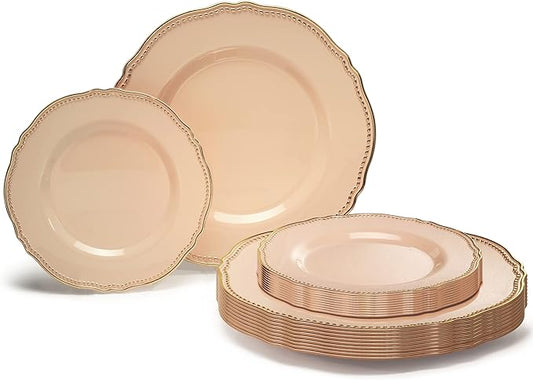 " OCCASIONS " 240 Plates Pack,(120 Guests) Heavyweight Premium Disposable Plastic Plates Set -120 x 10.25'' Dinner + 120 x 7.5'' Salad/Dessert (Rochelle Antique Rose and Gold)