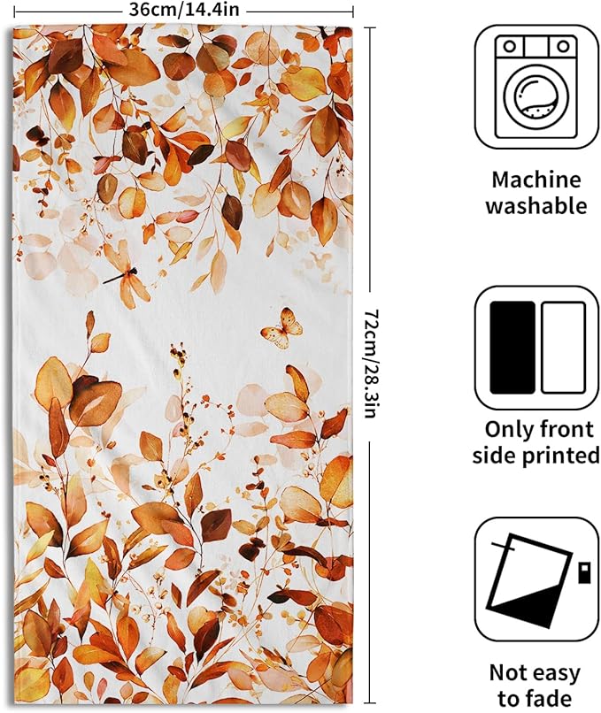 Orange Fall Hand Towels Set of 2 Eucalyptus Leaves Watercolor Butterfly Rustic Decorative Kitchen