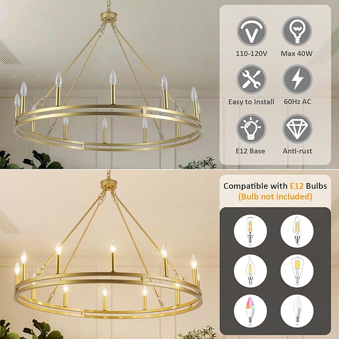 12-Light Wagon Wheel Chandelier 38 inch Large Gold Chandeliers for High Ceilings Round Farmhouse Gold Light Fixtures Over Table Rustic Hanging Light for Dining Room,Foyer,Living Room,Outdoor