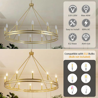 12-Light Wagon Wheel Chandelier 38 inch Large Gold Chandeliers for High Ceilings Round Farmhouse Gold Light Fixtures Over Table Rustic Hanging Light for Dining Room,Foyer,Living Room,Outdoor