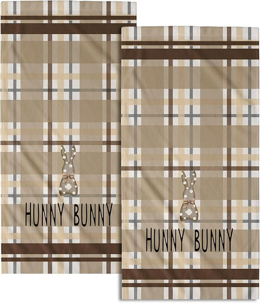 Easter Bunny Hand Towels 2 Pack Brown Buffalo Plaid Rabbits Decorative Seasonal Fingertip Towels Kitchen 28x14