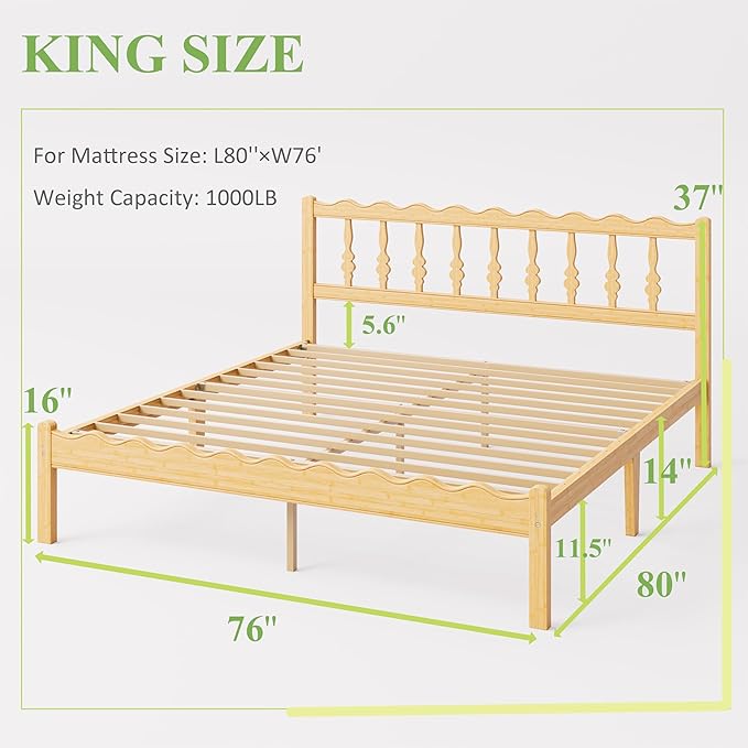 ZIYOO Solid Bamboo Wood King Size Bed Frame with Headboard, 14 inch Platform King Bed Frames No Box Spring Needed with Steel Slats, Sturdy and Stable, Easy Assembly, Noise Free