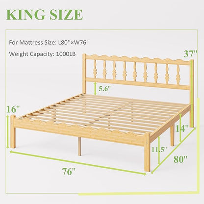ZIYOO Solid Bamboo Wood King Size Bed Frame with Headboard, 14 inch Platform King Bed Frames No Box Spring Needed with Steel Slats, Sturdy and Stable, Easy Assembly, Noise Free