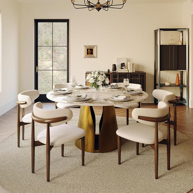 POVISON Round Dining Table for 6, 59" Modern Dining Room Table, Pandora Sintered Stone Tabeltop with Bronze Carbon Steel Pedestal (Dining Table Only)